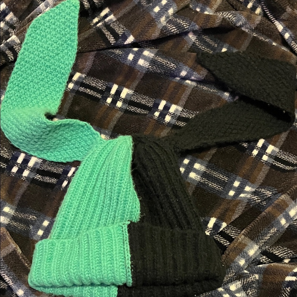Black and Teal Knit Beanie long ears